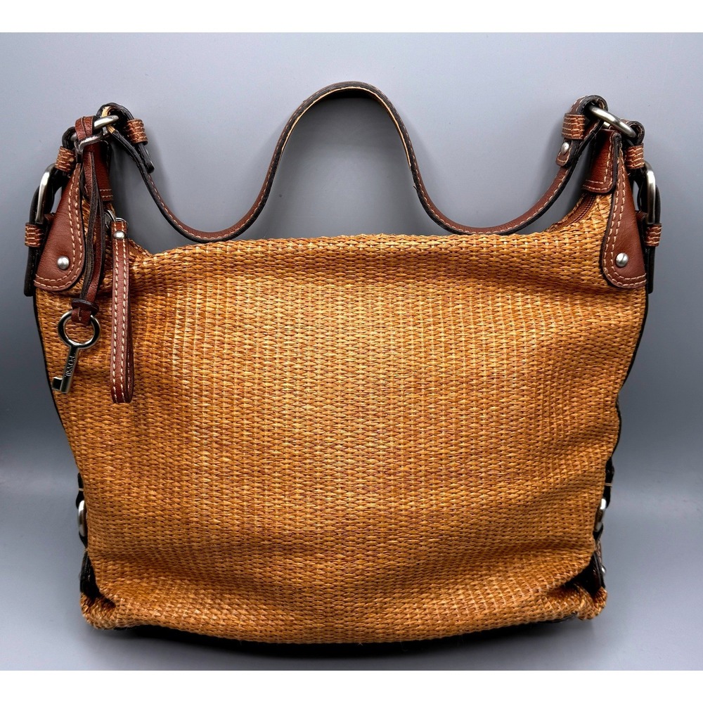 Fossil Woven Straw Tote with Brown Leather Trim